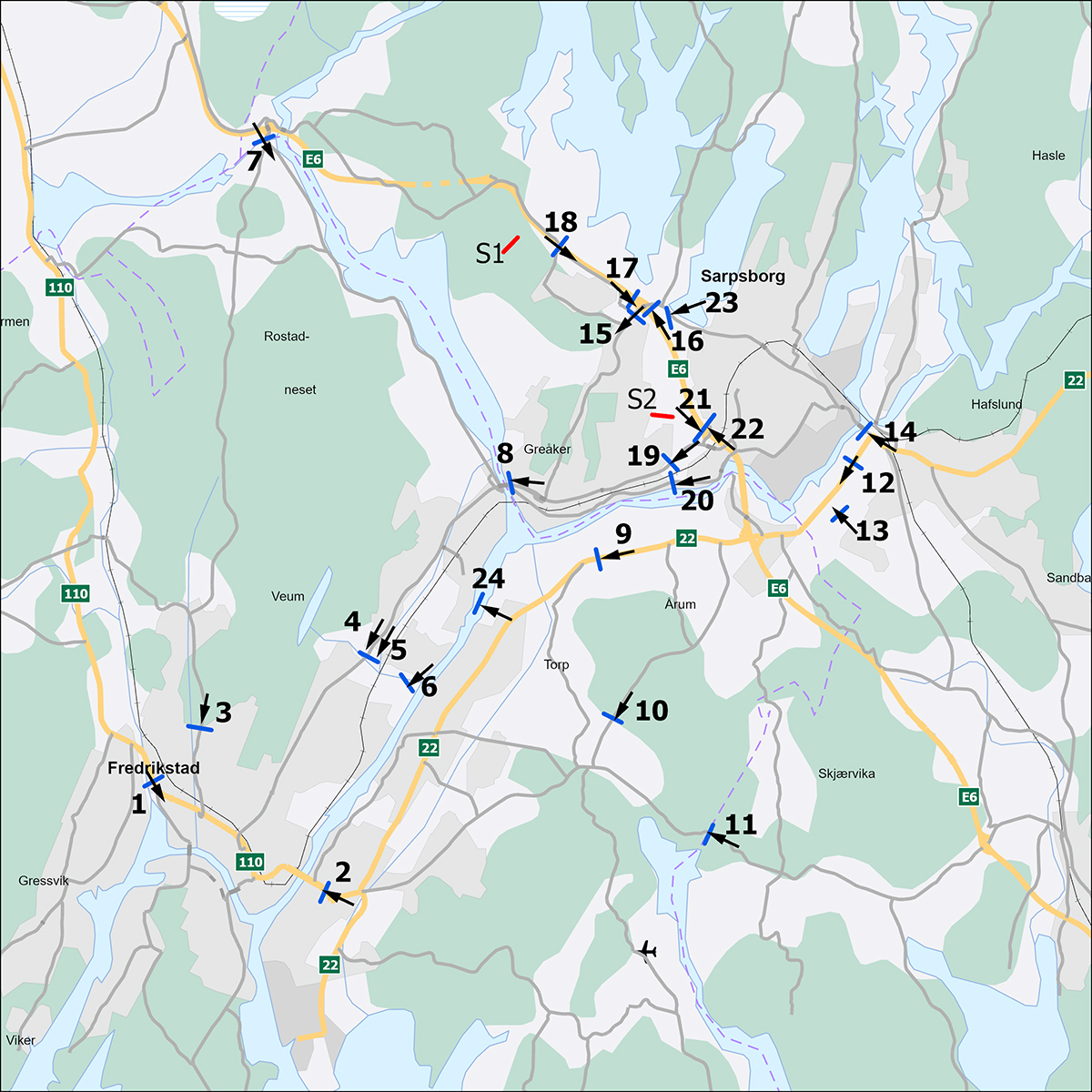 Bomstasjoner i Sarpsborg og Fredrikstad fra januar 2024.